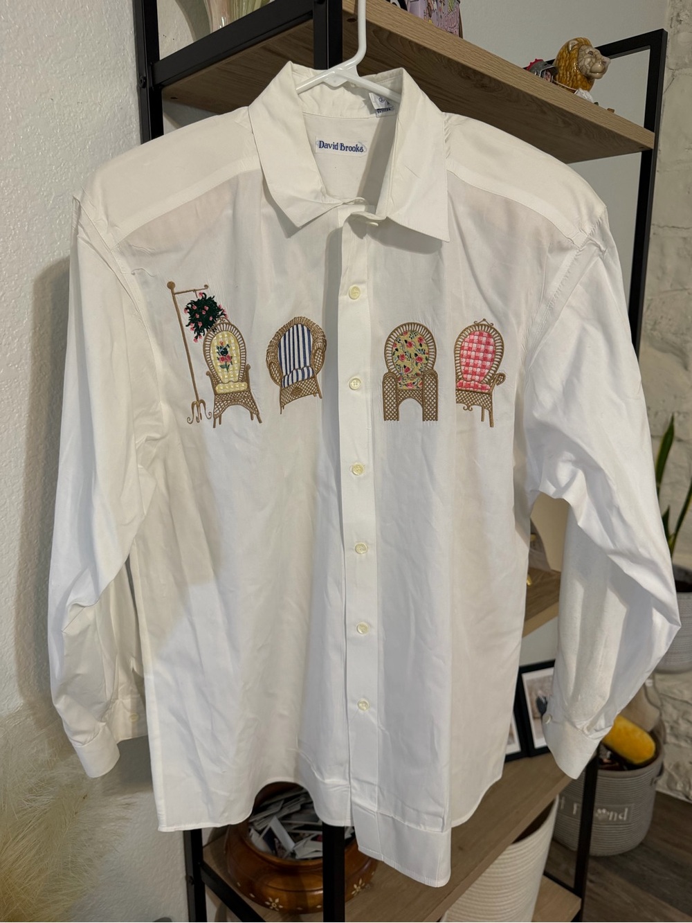 david brooks White Button-Up Shirt with Multicolor Embroidered Chairs